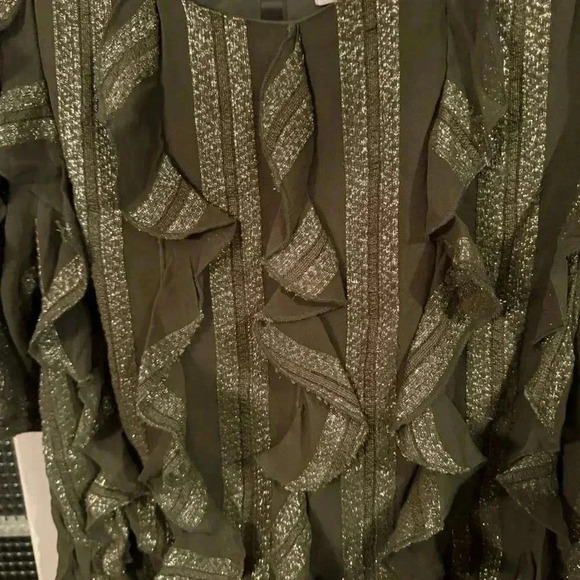 MISA Los Angeles green w metallic stripe short sleeve ruffle blouse size XS - Picture 3 of 12
